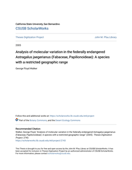 Analysis of Molecular Variation in the Federally Endangered Astragalus Jaegerianus (Fabaceae, Papilionoideae): a Species with a Restricted Geographic Range