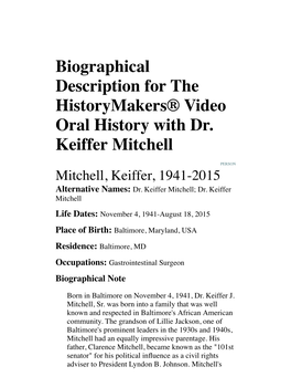 Biographical Description for the Historymakers® Video Oral History with Dr