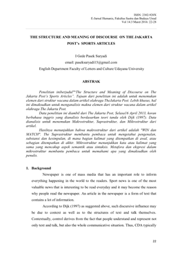 THE STRUCTURE and MEANING of DISCOURSE on the JAKARTA POST's SPORTS ARTICLES I Gede Pasek Suryadi Email