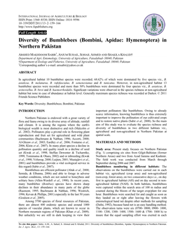 Diversity of Bumblebees (Bombini, Apidae: Hymenoptera) in Northern Pakistan