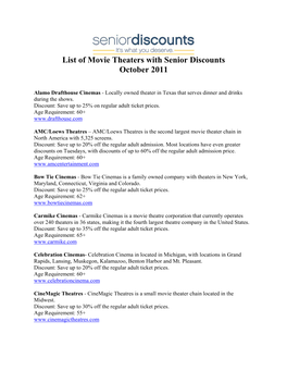 List of Movie Theaters with Senior Discounts October 2011