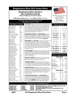 Binghamton Mets 2015 Game Notes