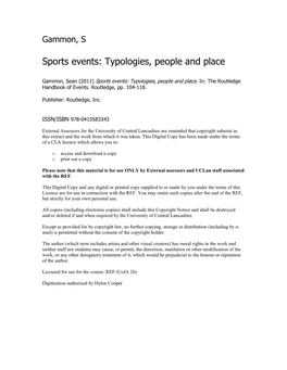 Sports Events: Typologies, People and Place
