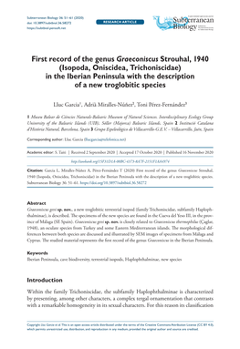 First Record of the Genus Graeconiscus Strouhal, 1940 (Isopoda, Oniscidea, Trichoniscidae) in the Iberian Peninsula with the Description of a New Troglobitic Species