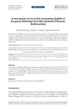 A New Species of Sea Urchin Associating Clingfish of the Genus Dellichthys from New Zealand (Teleostei, Gobiesocidae)