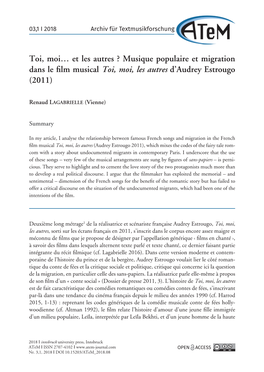 Musique Populaire Et Migration Dans Le Film Musical Toi, Moi, Les Autres D