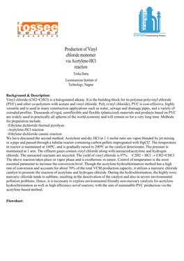 Production of Vinyl Chloride Monomer Via Acetylene-Hcl Reaction Trisha Dutta Laxminarayan Institute of Technology, Nagpur