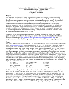 Preliminary List of Species Native Within the Adirondack Park Listed Alphabetically by Common Name and Sorted by Habit V.1 Updated 10.23.2006