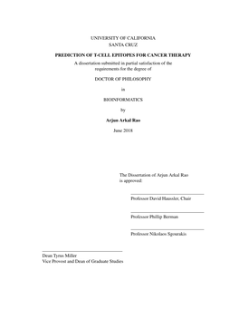 UNIVERSITY of CALIFORNIA SANTA CRUZ PREDICTION of T-CELL EPITOPES for CANCER THERAPY a Dissertation Submitted in Partial Satisfa