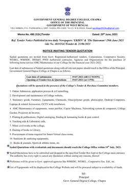 29Th June, 2021 Ref. Tender Notice Published in Two Daily Newspapers