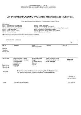 List of Current Planning Applications Registered Since 3 August 2009