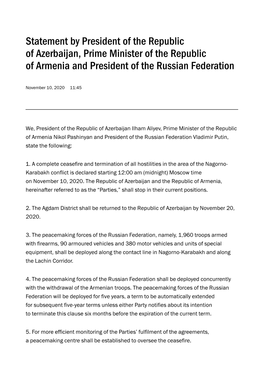 Statement by President of the Republic of Azerbaijan, Prime Minister of the Republic of Armenia and President of the Russian Federation