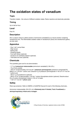 The Oxidation States of Vanadium Topic Transition Metals – the Colours of Different Oxidation States