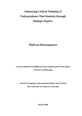 Enhancing Critical Thinking of Undergraduate Thai Students Through Dialogic Inquiry Maliwan Buranapatana