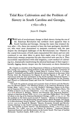 Tidal Rice Cultivation and the Problem of Slavery in South Carolina And