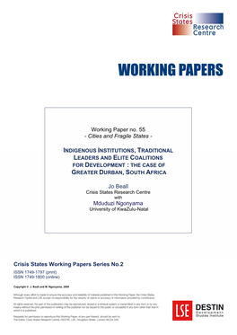 Indigenous Institutions, Traditional Leaders and Elite Coalitions for Development : the Case of Greater Durban, South Africa