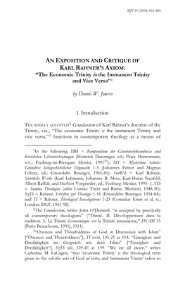 An Exposition and Critique of Karl Rahner's Axiom: “The Economic Trinity Is the Immanent Trinity and Vice Versa”