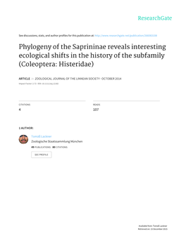 Phylogeny of the Saprininae Reveals Interesting Ecological Shifts in the History of the Subfamily (Coleoptera: Histeridae)