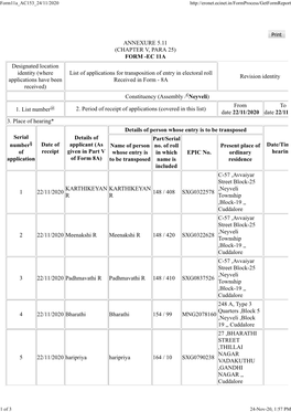 ANNEXURE 5.11 (CHAPTER V, PARA 25) FORM -EC 11A Designated Location Identity (Where Applications Have Been Received) List Of