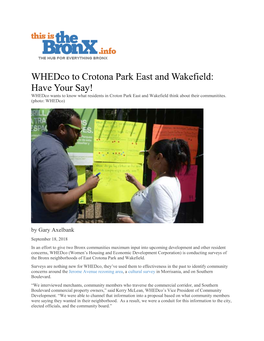 Whedco to Crotona Park East and Wakefield: Have Your Say! Whedco Wants to Know What Residents in Croton Park East and Wakefield Think About Their Communitites