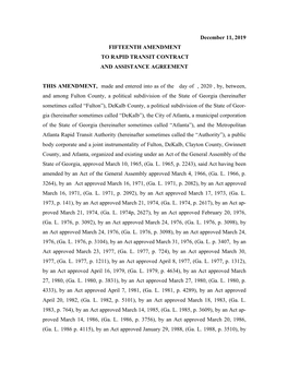 December 11, 2019 FIFTEENTH AMENDMENT to RAPID TRANSIT CONTRACT and ASSISTANCE AGREEMENT