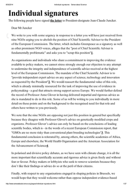 Individual Signatures · Sense About Science Individual Signatures the Following People Have Signed the Letter to President-Designate Jean-Claude Juncker