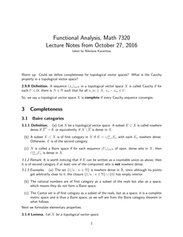 Functional Analysis, Math 7320 Lecture Notes from October 27, 2016 Taken by Nikolaos Karantzas