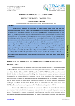 Phytogeographical Analysis of Harda District of Madhya Pradesh, India