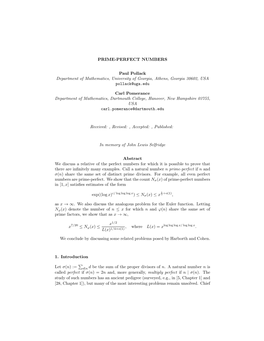 PRIME-PERFECT NUMBERS Paul Pollack Department of Mathematics, University of Georgia, Athens, Georgia 30602, USA Pollack@Uga.Edu