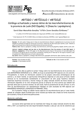 ARTIGO / ARTÍCULO / ARTICLE Catálogo Actualizado Y Nuevos Datos De Los Macroheteróceros De La Provincia De León (NO España), V (Insecta: Lepidoptera)