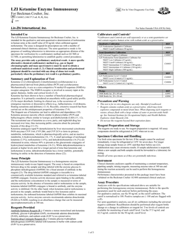 Intended Use Calibrators and Controls* the LZI Ketamine Enzyme Immunoassay for Beckman Coulter, Inc