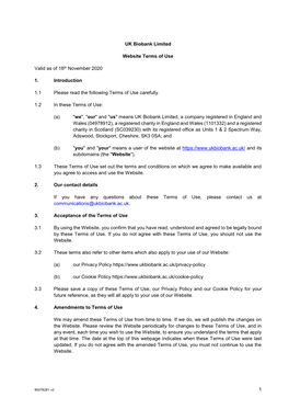 1 UK Biobank Limited Website Terms of Use Valid As of 18Th November 2020 1. Introduction 1.1 Please Read the Following Terms Of