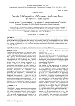 Essential Oil Composition of Centaurea Choulettiana Pomel (Asteraceae) from Algeria