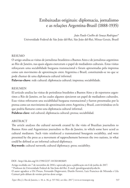 Diplomacia, Jornalismo E As Relações Argentina-Brasil (1888-1935)