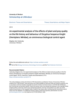 An Experimental Analysis of the Effects of Plant and Prey Quality on the Life History and Behaviour of Dicyphus Hesperus Knight