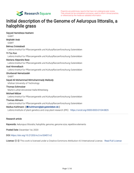 Initial Description of the Genome of Aeluropus Littoralis, a Halophile Grass