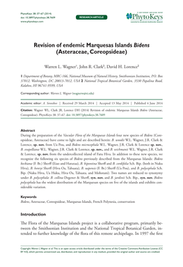 ﻿Revision of Endemic Marquesas Islands Bidens (Asteraceae