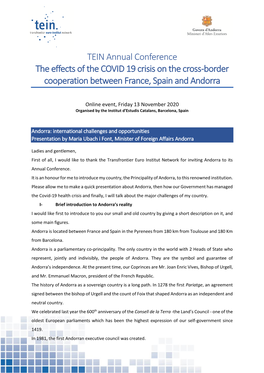 TEIN Annual Conference the Effects of the COVID 19 Crisis on the Cross-Border Cooperation Between France, Spain and Andorra