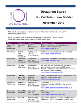 Restaurant Search UK – Cumbria - Lake District November 2013