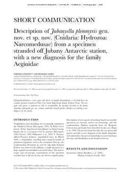 Description of Jubanyella Plemmyris Gen. Nov. Et Sp. Nov.(Cnidaria: Hydrozoa: Narcomedusae) from a Specimen Stranded Off Jubany Antarctic Station, with a New Diagnosis for the Family