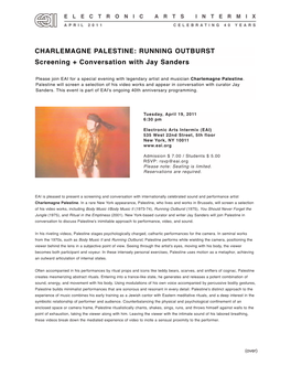 CHARLEMAGNE PALESTINE: RUNNING OUTBURST Screening + Conversation with Jay Sanders