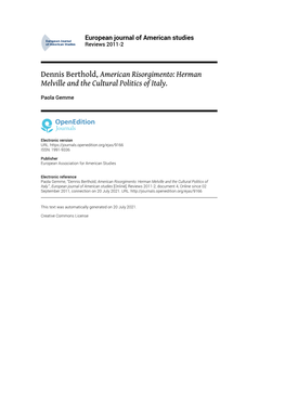 European Journal of American Studies , Reviews 2011-2 Dennis Berthold, American Risorgimento: Herman Melville and the Cultural Poli