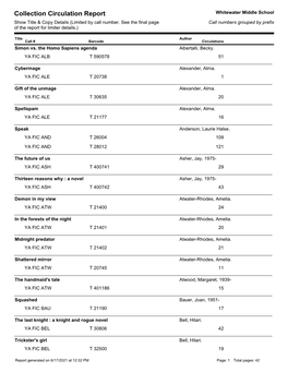 Collection Circulation Report Whitewater Middle School Show Title & Copy Details (Limited by Call Number