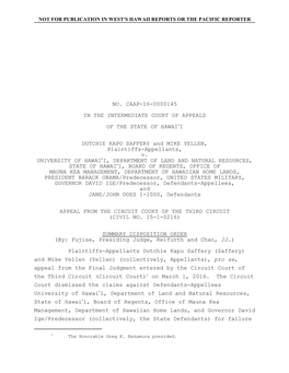 NO. CAAP-16-0000145 in the INTERMEDIATE COURT of APPEALS of the STATE of HAWAI#I DUTCHIE KAPU SAFFERY and MIKE YELLEN, Plaintiff