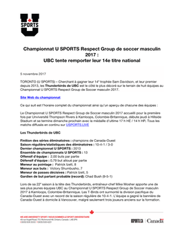 Championnat U SPORTS Respect Group De Soccer Masculin 2017 : UBC Tente Remporter Leur 14E Titre National