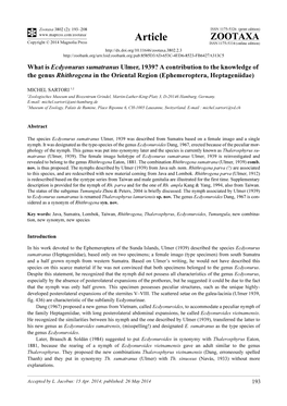 What Is Ecdyonurus Sumatranus Ulmer, 1939? a Contribution to the Knowledge of the Genus Rhithrogena in the Oriental Region (Ephemeroptera, Heptageniidae)