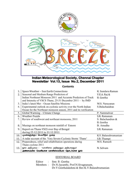 Indian Meteorological Society, Chennai Chapter Newsletter Vol.13, Issue No.2, December 2011 Contents 1