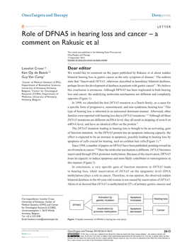 Role of DFNA5 in Hearing Loss and Cancer – a Comment on Rakusic Et Al