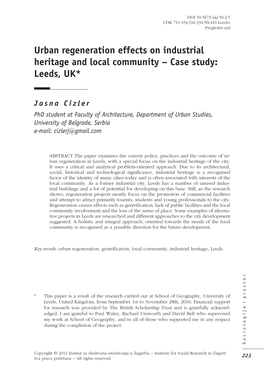 Urban Regeneration Effects on Industrial Heritage and Local Community – Case Study: Leeds, UK*