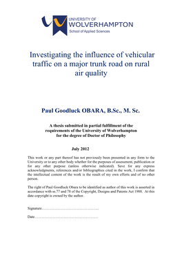Investigating the Influence of Vehicular Traffic on a Major Trunk Road on Rural Air Quality